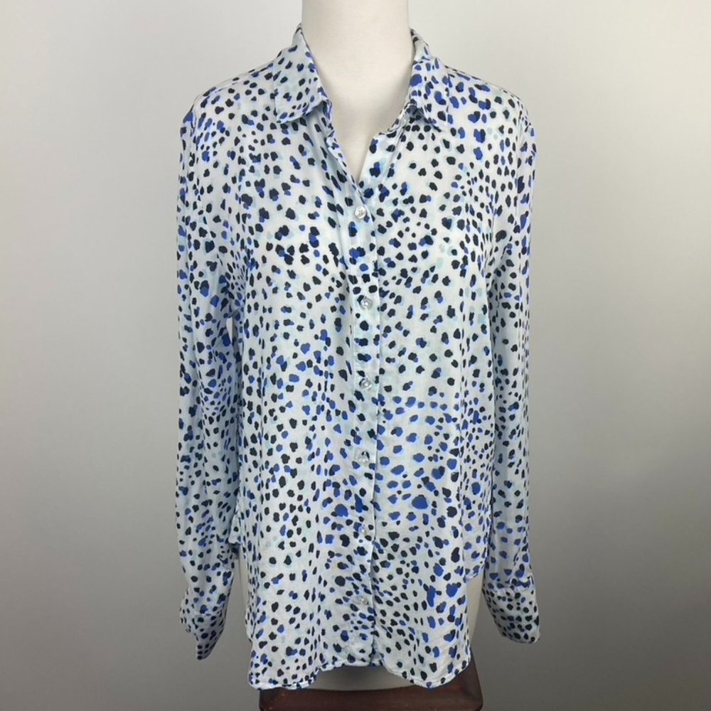ANTHROPOLOGIE Cloth & Stone Dots Spotted Blouse White Spots Blue Button - Medium